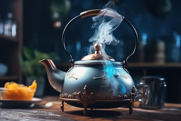 Traditional Japanese herbal tea made in a cast iron teapot with organic dry herbs AI