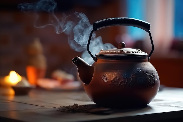 Traditional Japanese herbal tea made in a cast iron teapot with