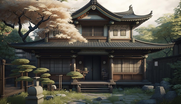 Traditional Japanese house fantasy artwork illustration image Ai generated art