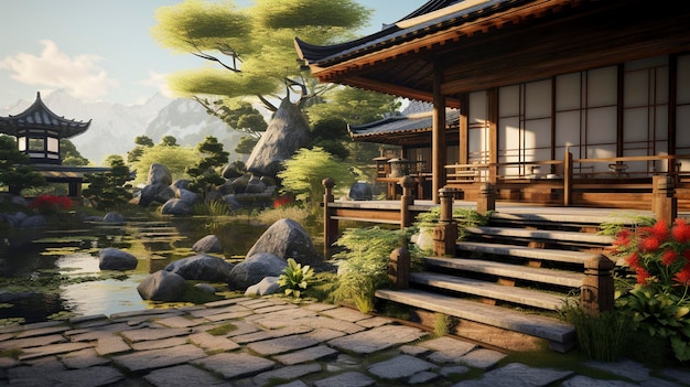 Traditional Japanese House Minka with Zen Garden