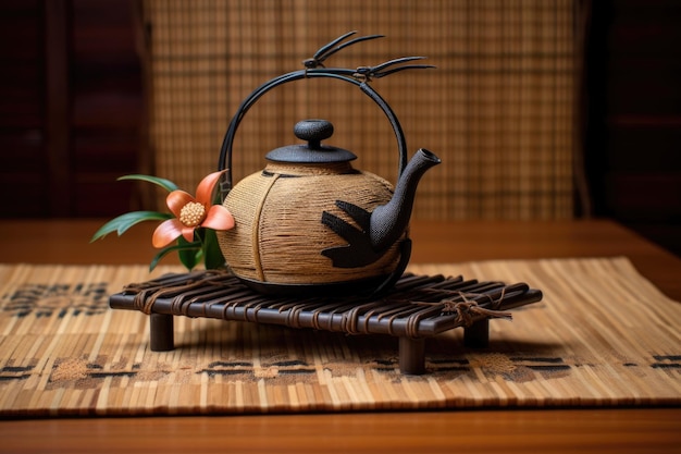 Traditional japanese iron teapot on bamboo mat created with generative ai