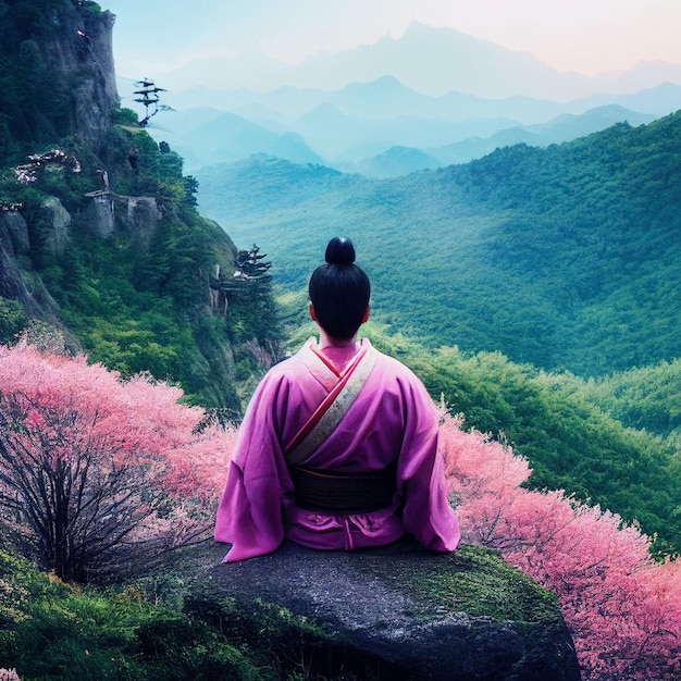 Traditional Japanese man looking the mountain background Beautiful landscape