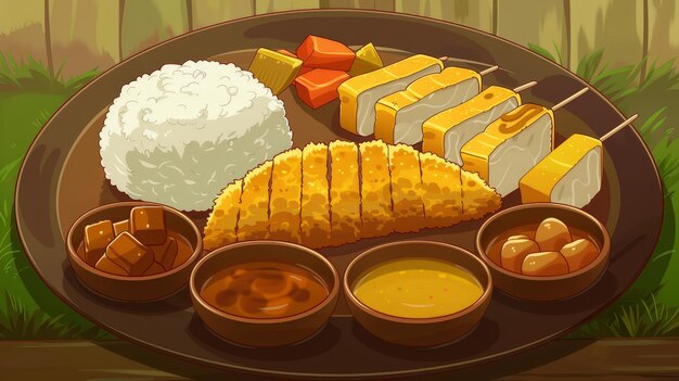 a traditional japanese meal with fried chicken rice and various sauces