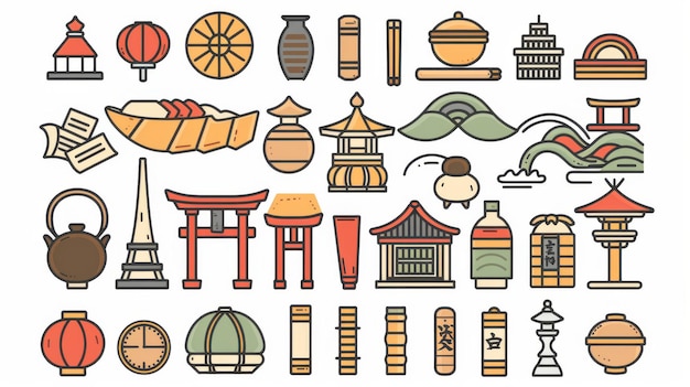Traditional Japanese object icons modern illustration flat design