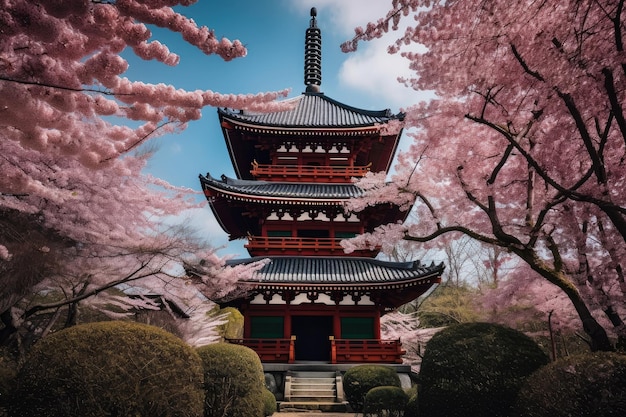 Traditional japanese pagoda surrounded by blooming cherry blossoms created with generative ai