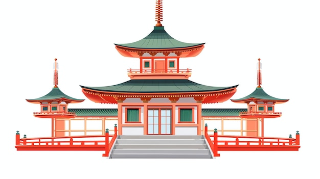 Photo a traditional japanese pagoda with a green roof and red walls the pagoda is surrounded by a courtyard with a red bridge leading up to it