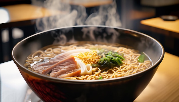 Traditional Japanese ramen soup with meat broth Asian noodles seaweed sliced pork eggs and pickled ginger Asian food Hot delicious ramen soup