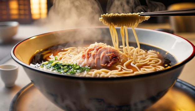 肉スープ入りの伝統的な日本のラーメンスープ アジアン ヌードル 海苔スライス ポーク卵と生姜のピクルス アジア料理 温かくておいしいラーメン スープ