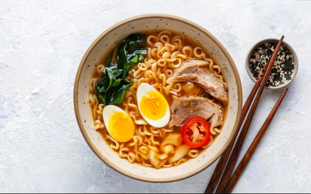 Traditional japanese soup ramen in bowl isolated on white background