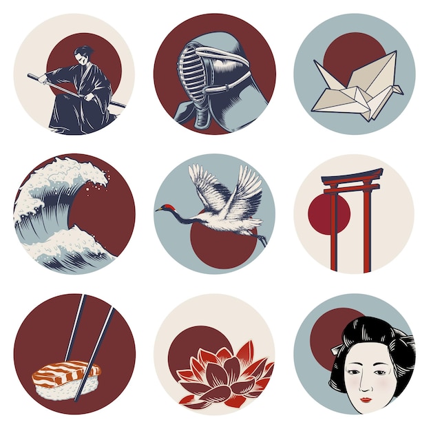 Traditional Japanese sticker design elements set