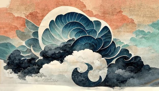 Traditional Japanese style watercolor oriental pattern of Mount Fuji Suitable