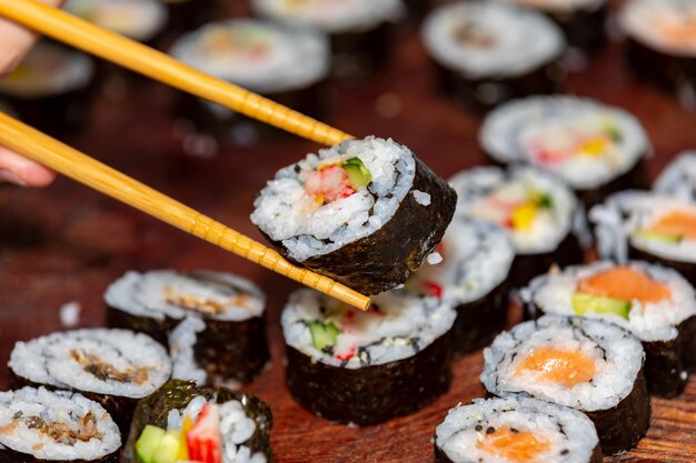 Traditional Japanese sushi in selective focus