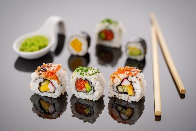 Traditional japanese sushi on the table with wasabi