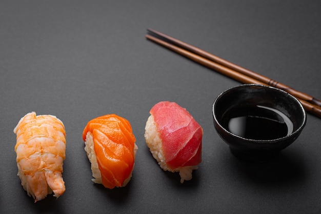 Traditional japanese sushi top view with soy sauce and