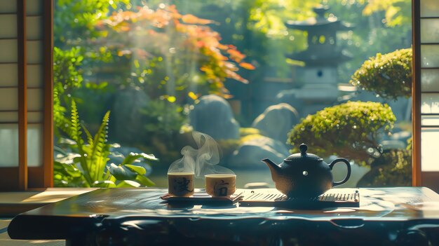 Photo a traditional japanese tea ceremony in a beautiful garden