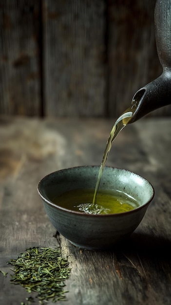 日本 の 伝統 的 な 茶 の 儀式 と 新鮮 に 造 さ れ た 緑 の 茶