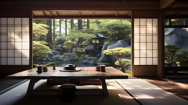 A traditional Japanese tea house with a serene garden and sliding shoji doors