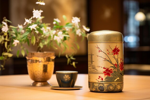 Photo traditional japanese tea tin with matcha tea close up and a bamboo chashaku