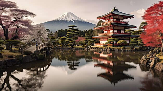 오른쪽에 전통적인 일본 사원이 있고 왼쪽에 전통적인 빨간 문인 몬트 후지가 있습니다.