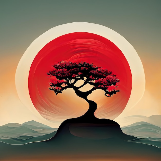 Photo traditional japanese tree bansai picture paint illustration vintage with red sun symbol concept