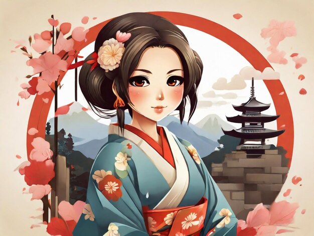 Photo traditional japanese vilage woman with a kimono chibi artstyle illustration design