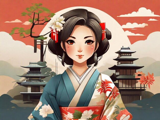 Photo traditional japanese vilage woman with a kimono chibi artstyle illustration design