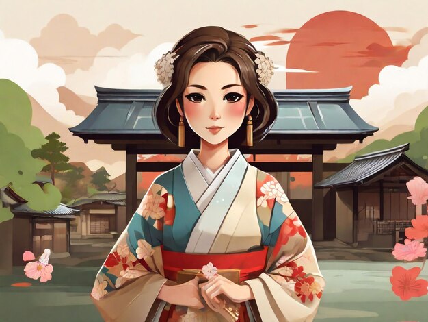 Traditional japanese vilage woman with a kimono chibi artstyle illustration design