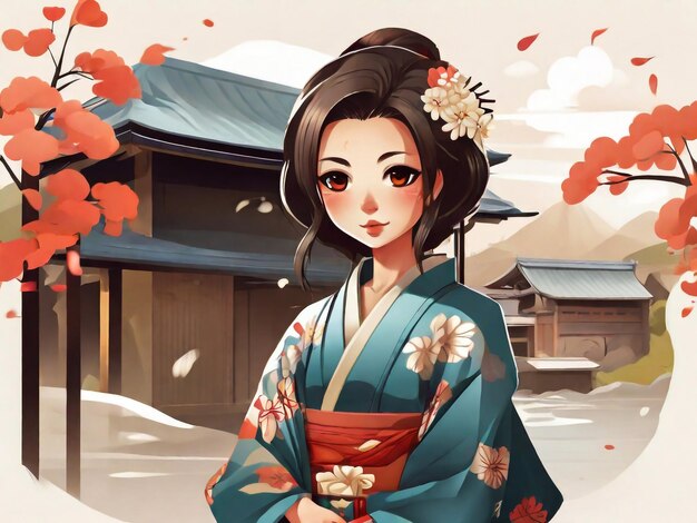 Traditional japanese vilage woman with a kimono chibi artstyle illustration design