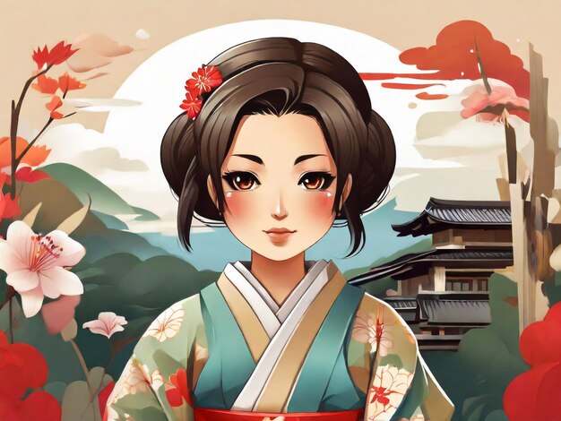 Traditional japanese vilage woman with a kimono chibi artstyle illustration design