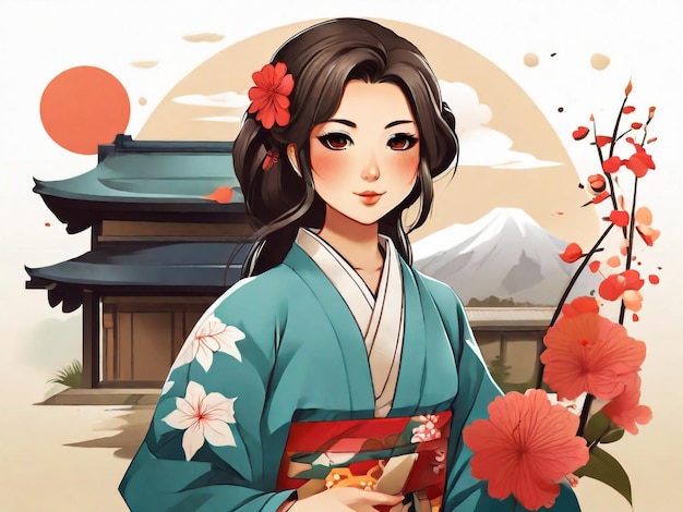 Traditional japanese vilage woman with a kimono chibi artstyle illustration design