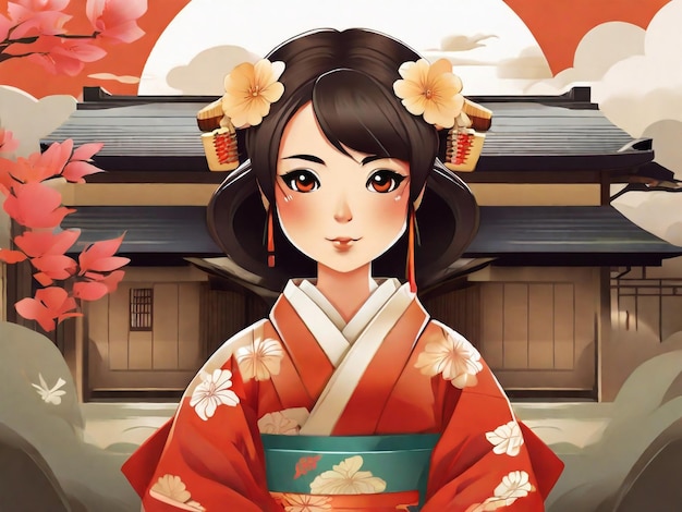 Traditional japanese vilage woman with a kimono chibi artstyle illustration design