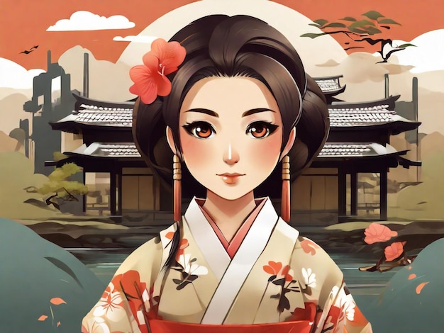 Photo traditional japanese vilage woman with a kimono chibi artstyle illustration design