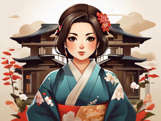 Photo traditional japanese vilage woman with a kimono chibi artstyle illustration design