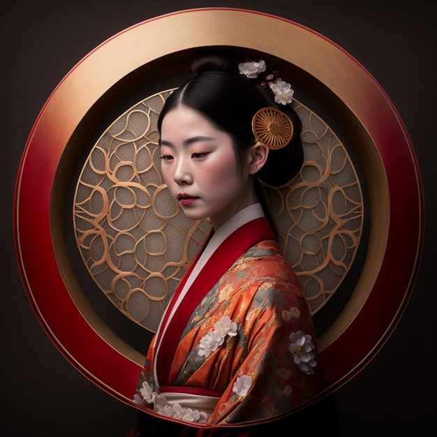 traditional Japanese woman in a vibrant kimono gracefully in the center of a circle