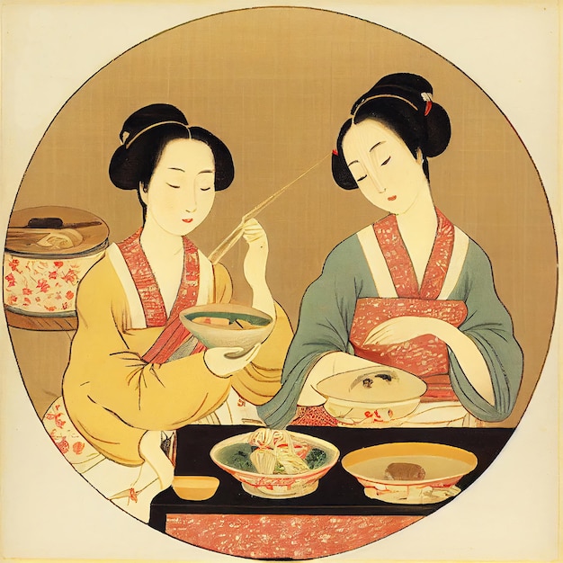 Traditional Japanese Women in Kimono Eating Pasta Generative AI Illustration