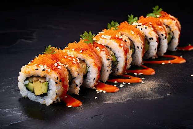 Traditional Japanesestyle sushi roll with sesame Philadelphia cheesefilled topped with salmon an