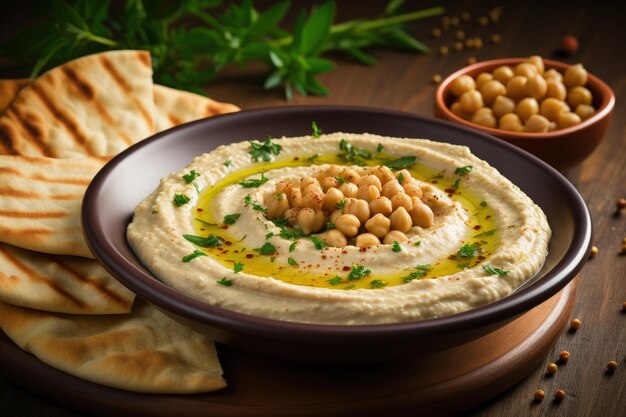 Traditional Jewish creamy lunch salad called hummus made with chickpeas olive oil and paprika Accomp