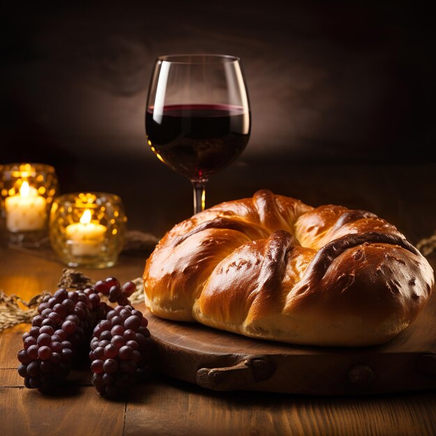 Foto tradizionale festa ebraica di hanukkah con pane challah, vino shabbat e candele su uno sfondo scuro