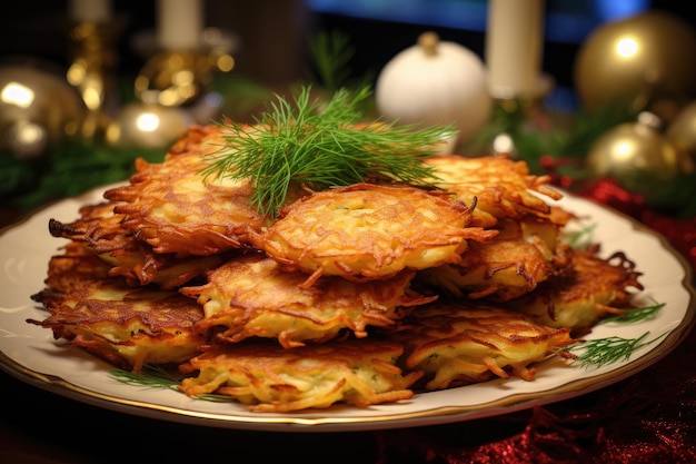 Traditional Jewish latkes or potato pancakes on wooden table