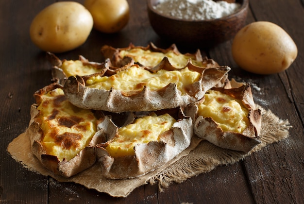 Traditional karelian pasties with potatoes top view