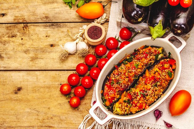 Traditional Karniyarik on a baking pan