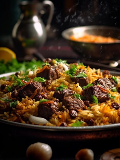 伝統的なカザフスタンのアジア料理、子羊と玉ねぎのベシュバルマク麺をAPでクローズアップ ジェネレーティブAI