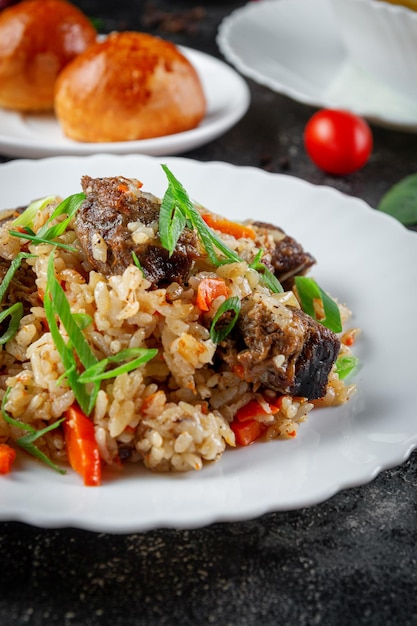 Traditional Kazakh dish Palau Kazakh pilaf xACooked from beef or lamb