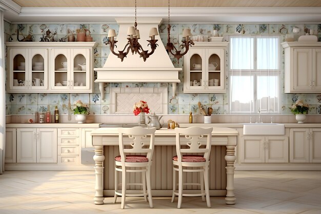 Photo traditional kitchen room interior design 3d rendering