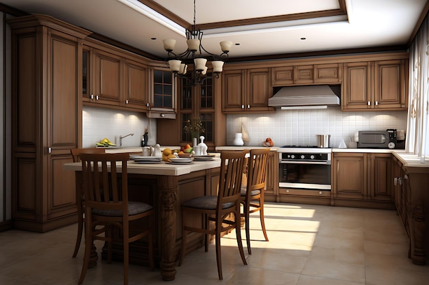 Traditional Kitchen Room Interior Design 3D Rendering