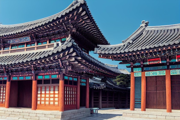 Traditional Korean architecture ancient style tourist attraction landmark background 3d render