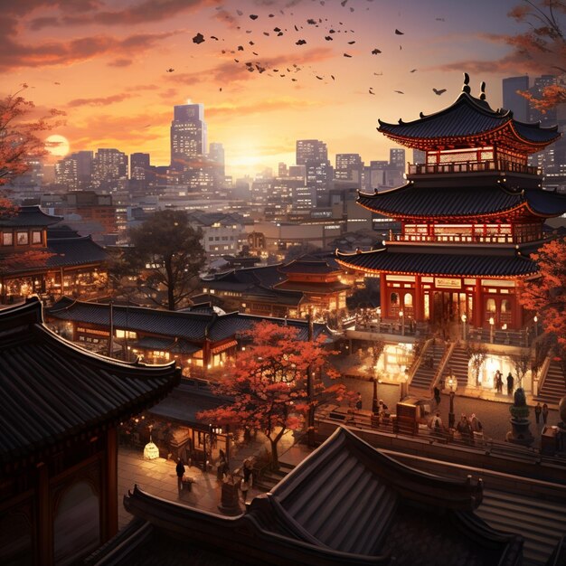 Traditional Korean architecture blending with modern cityscape