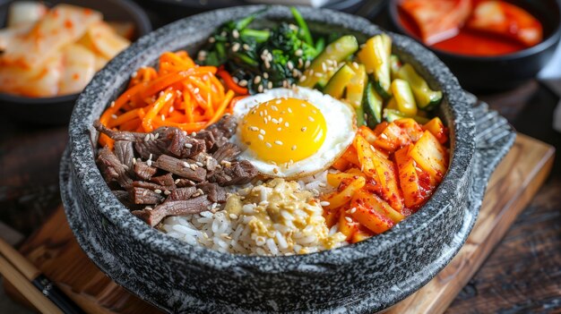 Foto bibimbap tradizionale coreano in ciotola di pietra calda con verdure assortite, manzo e uova fritte