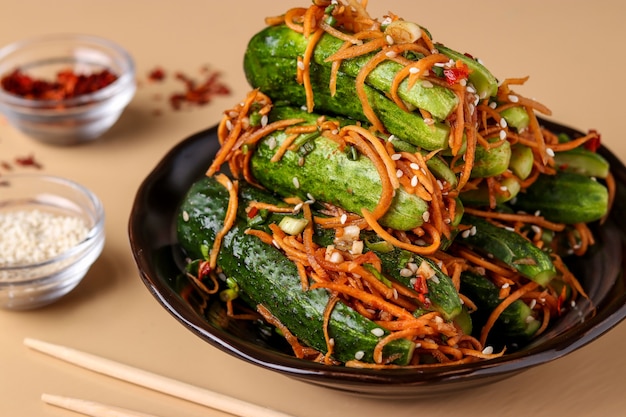 Traditional Korean cucumber kimchi snack: cucumbers stuffed with carrots, green onions, garlic and sesame, fermented vegetables, light surface, horizontal orientation