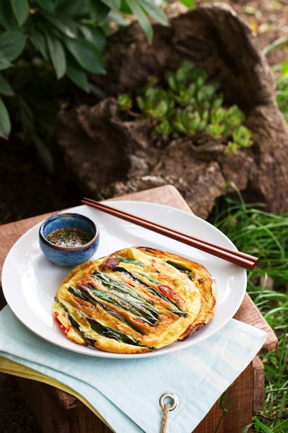 Traditional Korean fritters with green onions and chili, served with soy sauce.